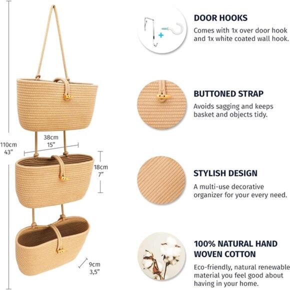 Over the Door HangingBasket for Organizing,3-Tier Hanging WallBasket for Storage - Picture 2 of 7